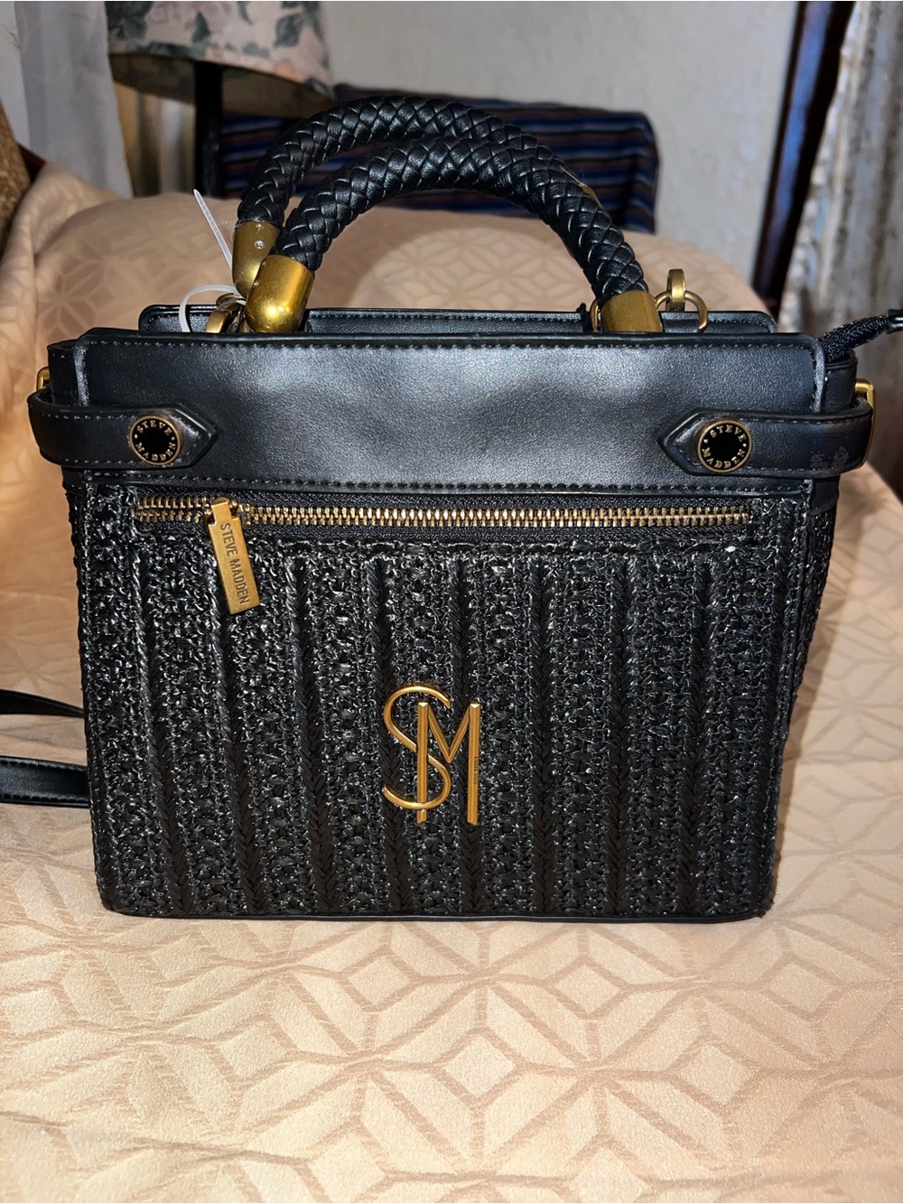 Steve Madden Black Braided Top-Handle Satchel with Gold Accent